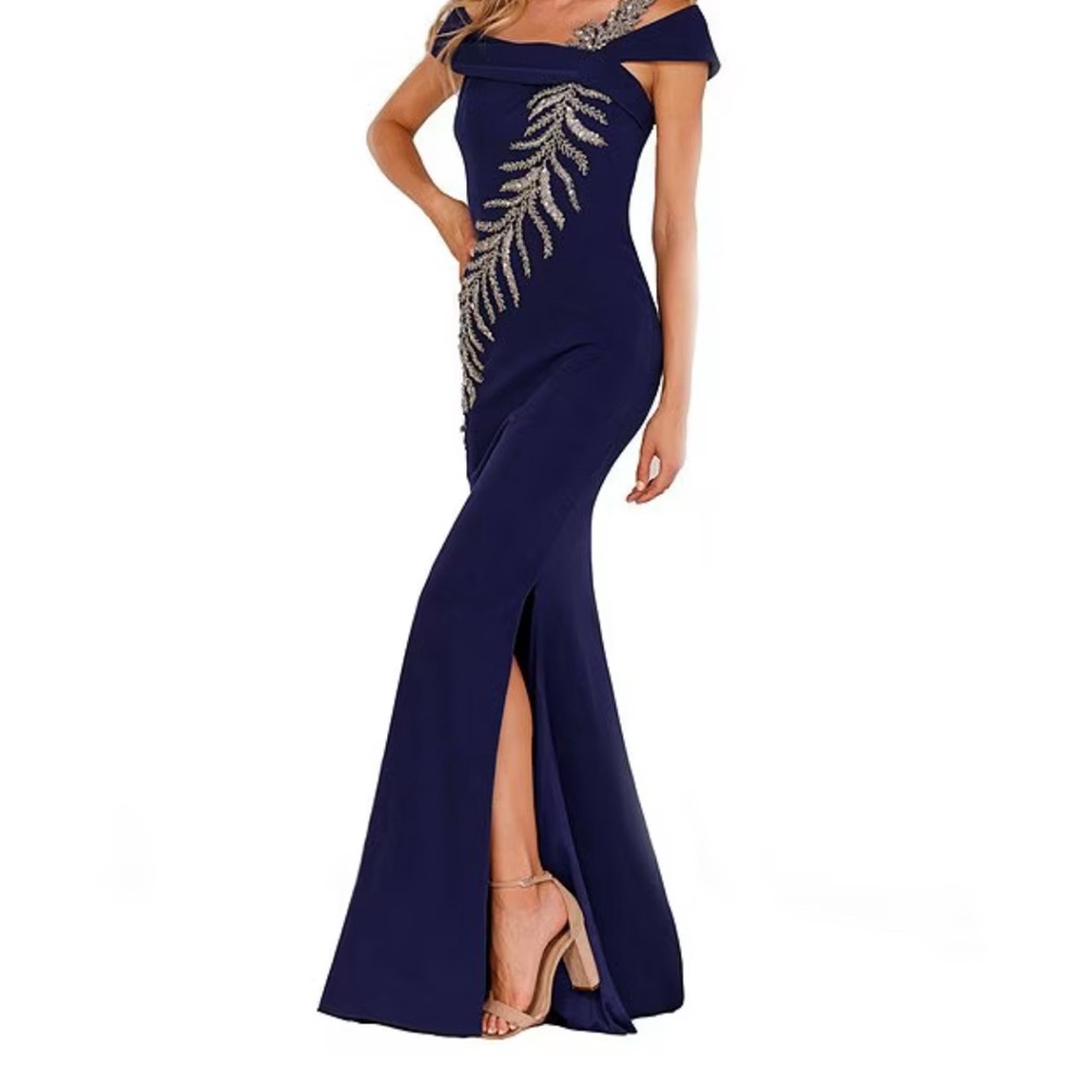 Terani Couture Blue Gown Off the Shoulder Slit Embellished